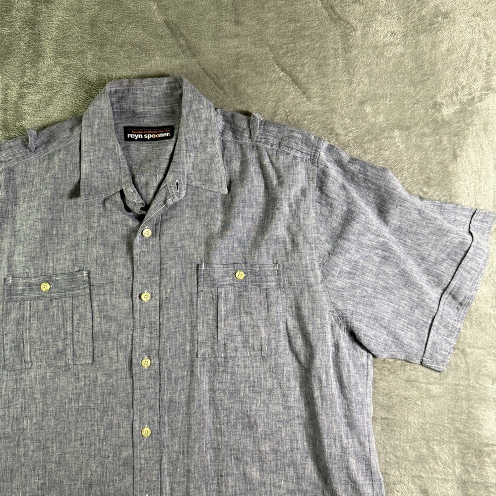 Reyn Spooner Mens Linen Cotton Blend Button Up Shirt Short Sleeve Blue Large